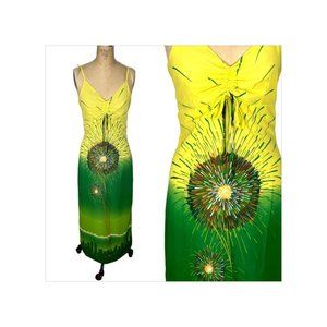 1970s maxi slip dress with fireworks print green yellow Size L